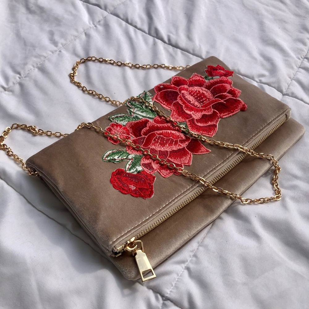 DSW Velvet Embroidered Flower Clutch with Strap